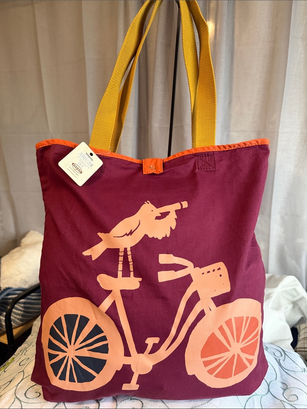 Fossil Burgundy Canvas Tote with Peach Bicycle Print and Mustard Handles